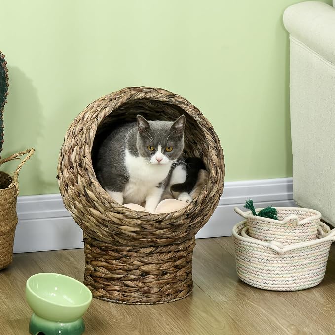 PawHut Handwoven Elevated Cat Bed with Soft Cushion & Egg Chair Shape, Basket Bed Kitty House with Stand, Raised Wicker House for Indoor Cats, 20" H, Gray | Soft Cushion & Egg Chair Shape, Basket Bed Kitty House with Stand, Raised Wicker House - Image 2