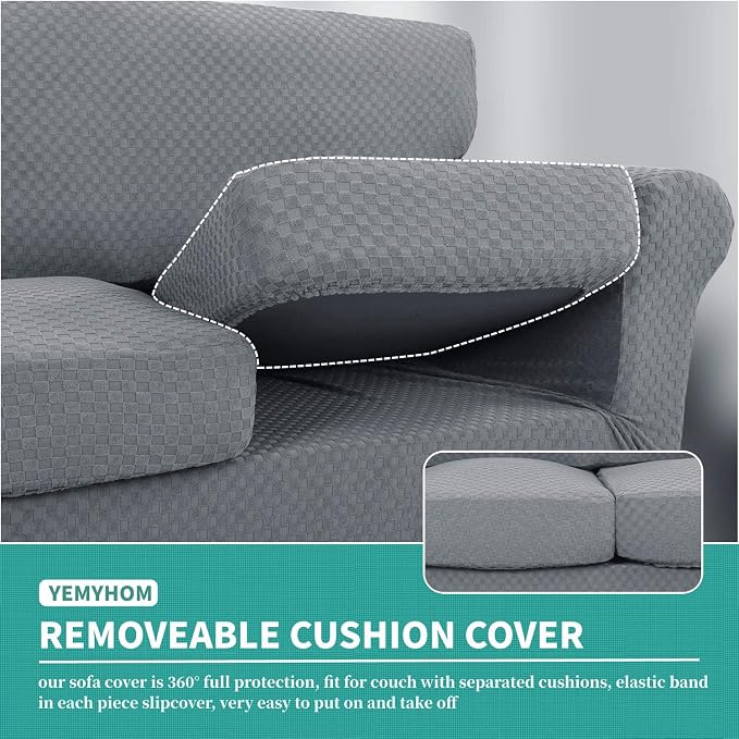 YEMYHOM Latest Checkered 3 Pieces Couch Covers for 2 Cushion Couch High Stretch Thickened Love Seat Sofa Cover for Dogs Pets Elastic Loveseat Slipcover Protector (Light Gray), 55"-69"(2 Cushions) - Image 4