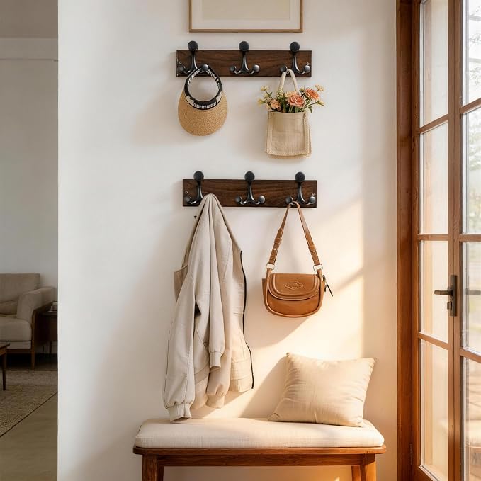 SKOLOO 17-Inch Walnut Wood Coat Rack Wall Mount with 3 Triple Hooks - Ideal for Family Entrances, Classrooms, and Pet Supplies Storage - Perfect Coat Hooks for Wall - Image 3