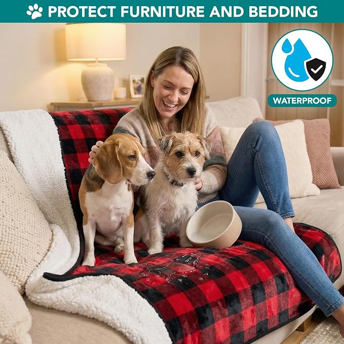 PetAmi Waterproof Dog Blanket Sherpa Fleece, Pet for Medium Large Dogs, Reversible Cat Throw Bed Couch Sofa Furniture Protector, Soft Plush Microfiber (Large 40x60, Checker Red) Checkered Red - Image 2