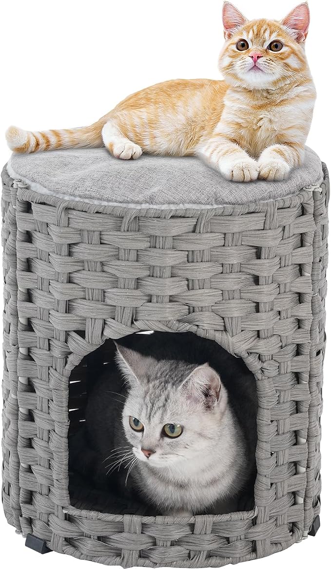 SETVSON Cat House for Indoor Cat, Small Handwoven PE Rattan Cave, Gray | Foldable Pet Kitten Bed Covered, Comfortable Double-Sided Cushion, 13x13x13.7 Inches, Quick 5-Minute Assembly by SETVSON