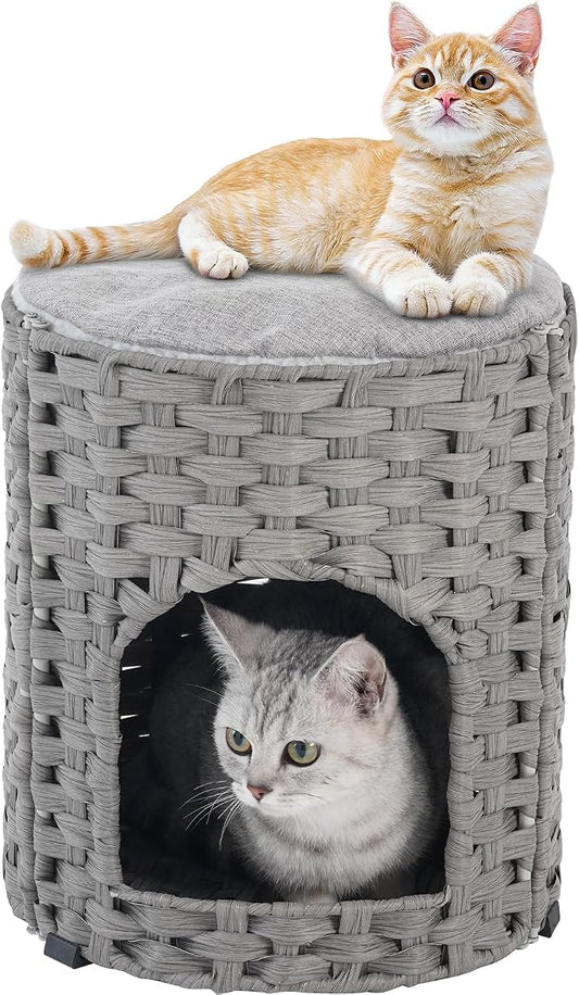 SETVSON Cat House for Indoor Cat, Small Handwoven PE Rattan Cave, Gray | Foldable Pet Kitten Bed Covered, Comfortable Double-Sided Cushion, 13x13x13.7 Inches, Quick 5-Minute Assembly by SETVSON