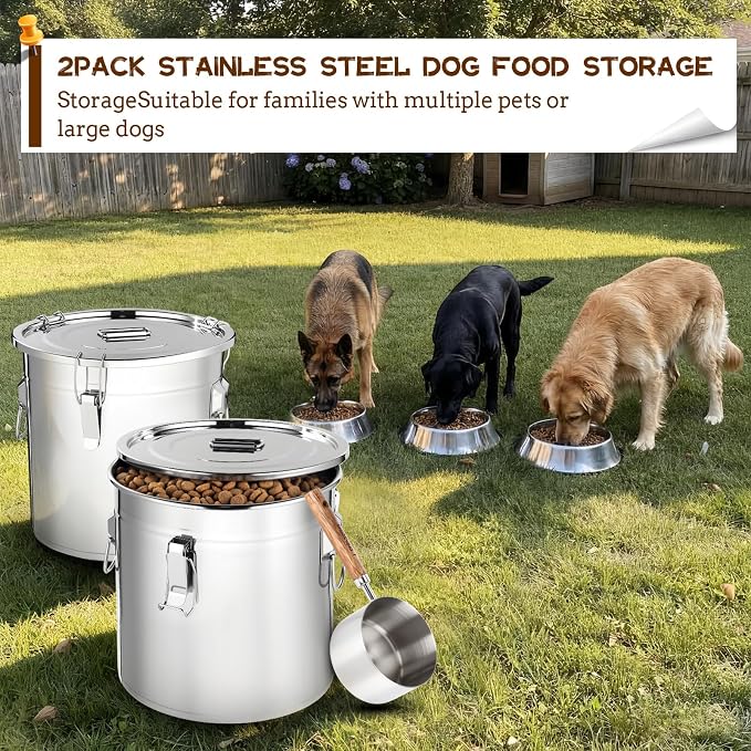 Lounsweer 2 Pack 8.9+5.5 Gal Stainless Steel Dog Food Storage Container with Lid and Locking Clamp 33L+21L Metal Airtight Container Large Stainless Steel Bucket with Food Scoop for Pet Feed - Image 5
