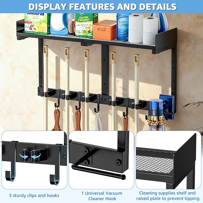 27" Mop and Broom Holder Wall Mount with Top Storage Shelf & Hooks,Black | Mop Hanger Wall Mount, 5 Grippers, 5 Hooks, Wall Organizer For Laundry Room, Garage And Kitchen - Image 5