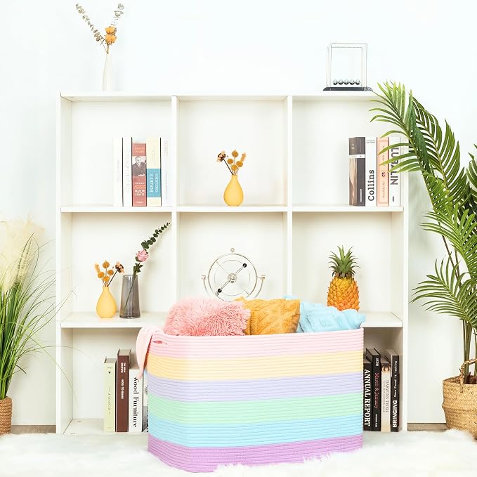 MINTWOOD Design 112L Extra Large Blanket Basket Holder Living Room, 25"x17"x16" Rectangle Rope Woven Storage Basket with Handles for Laundry, Towels, Shoes, Dog Toy Organizer Bin Box, Pastel Rainbow - Image 5