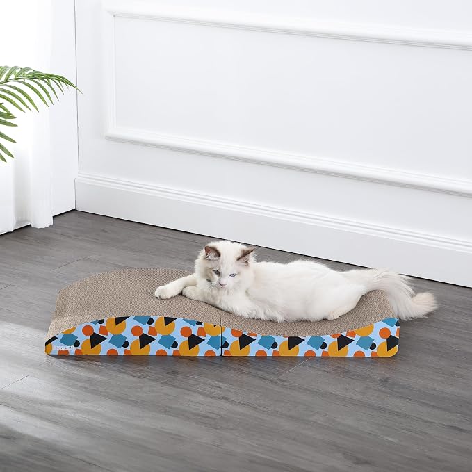 CSR1011A Eero 32" Modern Cardboard Foldable Lounge Cat Scratcher with Catnip, Blue/Orange - Image 2