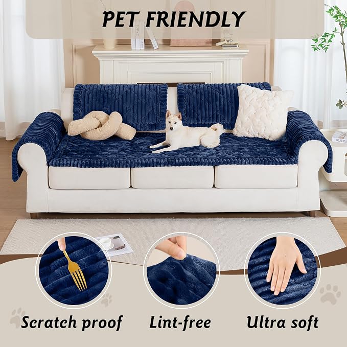 PuTian 100% Waterproof Fuzzy Couch Cover for Dogs Navy Blue 27.6"x70.9" | Pet Friendly Dog Mat for Couch, Waterproof Sofa Protector, Scratch Resistant Furniture Cover for Dogs, Machine Washable - Image 2