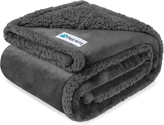 PetAmi Waterproof Dog Blanket for Couch, Large 60x40, Pee Proof Sherpa Fleece Reversible Pet Throw, Furniture Protector for Bed Sofa Kennel, Soft Washable Cover for Medium Dogs Cats, Grey Sherpa by PetAmi