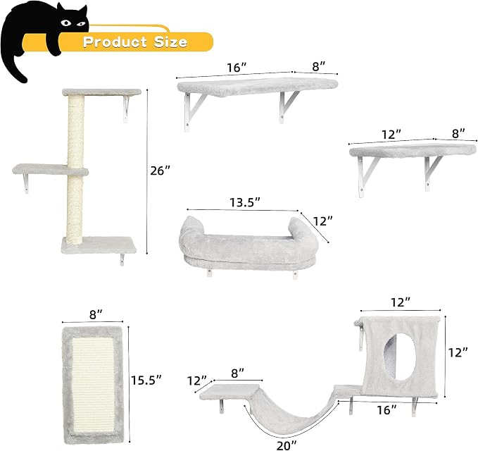 NUNU LAB Wall Mounted Cat Furniture Set - 6 Pcs Climber Set with House, Bridge, Steps, Scratcher Board - DIY Walls Playground, Indoor Cat Shelves - Gray - Image 5