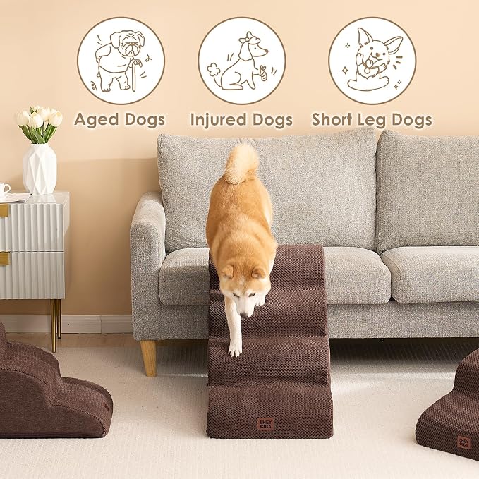 EHEYCIGA Curved Dog Stairs Ramp for High Beds 19.7" H, 4-Step Dog Steps for Small Dogs and Cats, Pet Stairs for High Bed Climbing, Non-Slip Balanced Pet Step Indoor, Brown - Image 4