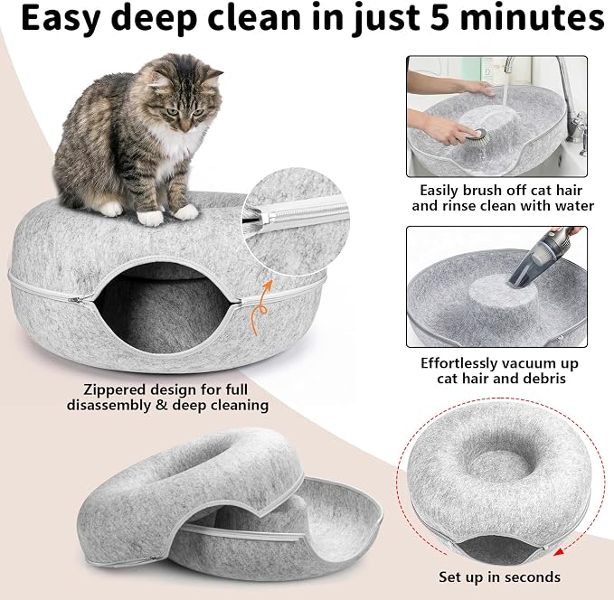 Cat Tunnel Bed for Heavy Big Cats up to 45 lbs - 24" Donut Cat Bed for Multi-Cat Home - Premium Detachable Zipper Felt Anti-Scratch Cat Cave Bed - Roomy Non-Collapsing Cat Hideaway & Peekaboo Toy - Image 6