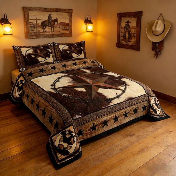 Western Stars Comforter Set King Size,Cow Fur Texture Print Bedding Set 3pcs for Kids Boys Girls Teens Adults Room Decor,Old Wooden Board Vintage Quilt Set Brown Rustic Duvet Insert,2 Pillowcases - Image 2