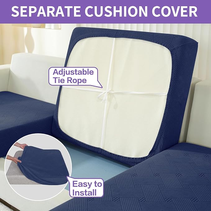 ZNSAYOTX 2 Piece Stretch Chair Covers (31"-46"), Thick Striped Armchair Slipcover with Elastic Band Bottom Ties Non-Slip Stay in Place, Soft Durable Arm Chair Covers for Living Room, Navy Blue - Image 5