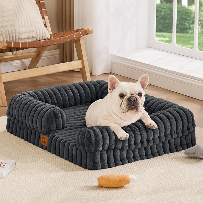 ChiXnuggle Faux Fur Orthopedic Dog Bolster Bed, Waterproof Washable Cover | rectangular dog sofa couch,egg crate foam,non-slip bottom,for small medium dogs,dark grey,30*24*7,puppy bed - Image 9