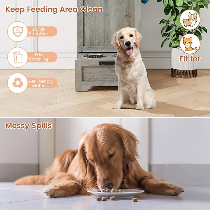 Dog Feeding Station with 2 Elevated Dog Bowls, Pet Feeding Station,Flip Top Pet Food Cabinet,Pet Food Container,Pet Toy Storage Organizer,Modern Storage Organizer,Grey - Image 6
