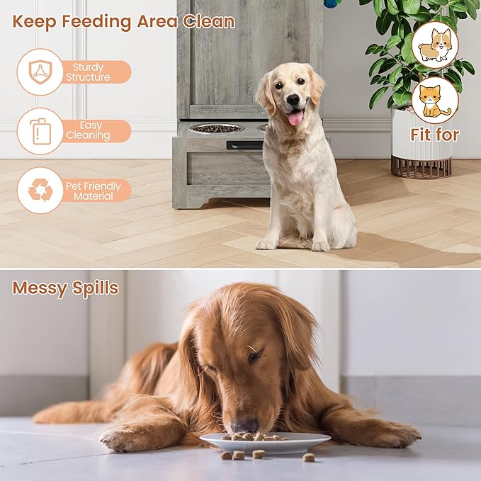 Garvee Dog Feeding Station with 2 Elevated Bowls, Grey | Dog Food Storage Cabinet, Flip Top Pet Feeding Station, Food Storage Container, Pet Toy Organizer - Image 5