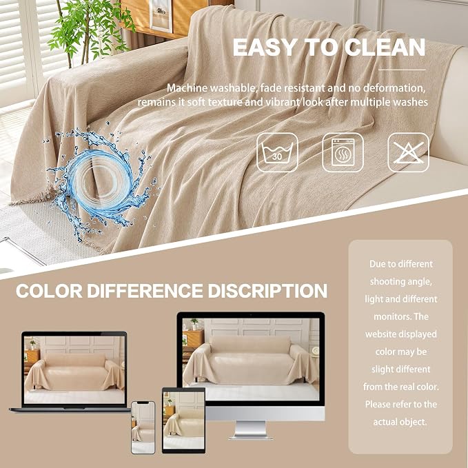 DREAMINGO Sofa Covers Washable Thick Chenille Couch Cover for 3 Cushion Couch Sofa Multi-Use Couch Cover Blanket Modern Pet Furniture Protector Sectional Couch Slipcover 71"x134", Khaki - Image 6