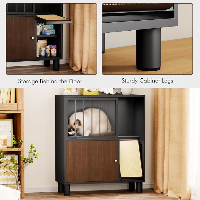 Dog Proof Cat Feeding Station, Metal Cat Feeding Cabinet, Black | Elevated Cat Feeding Station, Pet Food Station with Storage, Cat Bowl Stand, Scratching Board, Stainless Steel Bowls - Image 7