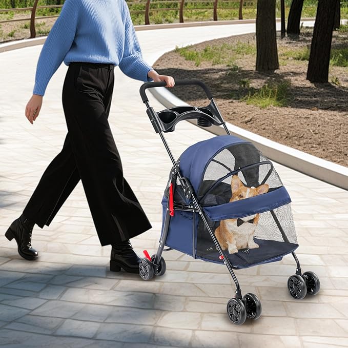 Dog Stroller with Casters, 40LBS Capacity Foldable Cat Pet Stroller with Storage Basket&Cup Holder, Foam Handle, Steel Frame for Small Medium Dogs Cats(Blue)