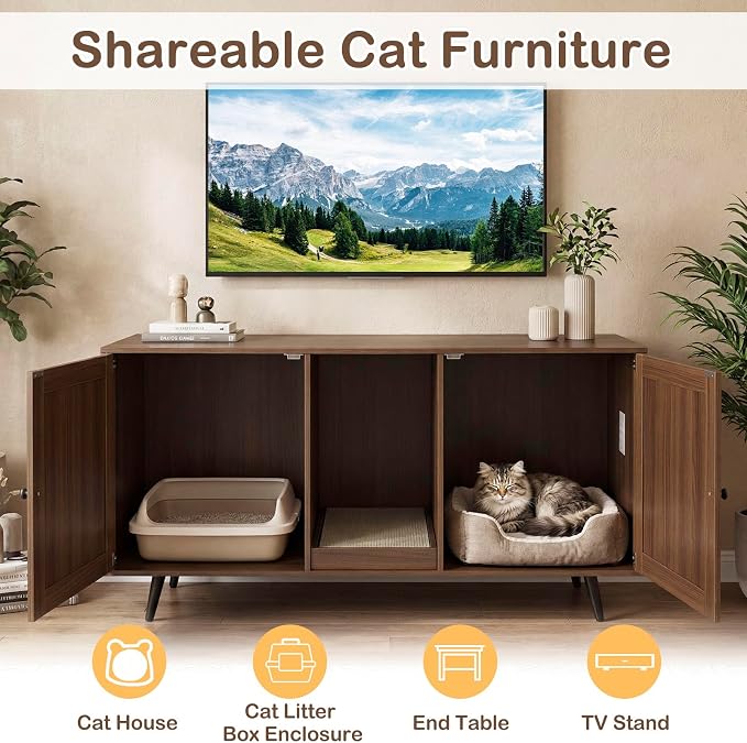 Tangkula Double Cat Litter Box Enclosure for 2 Cats, Large Stackable Hidden Privacy Cat Washroom Cabinet with Scratching Board, Indoor Cat House TV Stand Side Table, Litter Box Furniture (Brown) - Image 7