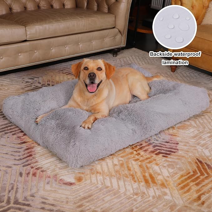 Bedfolks Waterproof Crate Bed, Plush Pad With Removable Cover, Faux Fur for XXL Dogs, Fluffy Washable Kennel Bed 47"x29", Solid Light Grey - Image 2