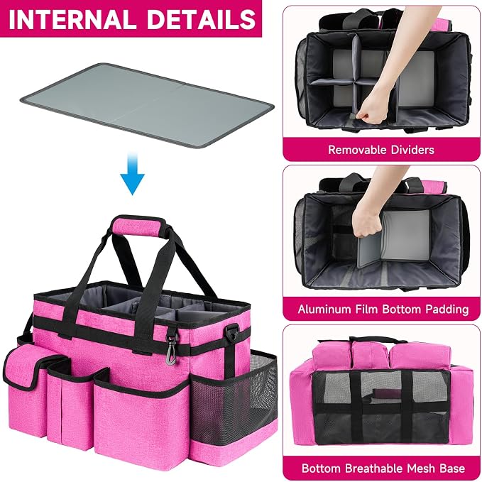 Cleaning Caddy Bag,Large Cleaning Supplies Organizer with Handle for Housekeepers,Rose Red - Image 2