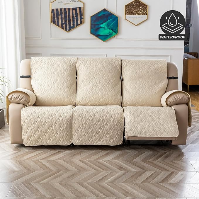 Genina Waterproof Recliner Cover - 3 Seater Non-Slip, Washable Sofa Covers for Recliner Couch, Furniture Protector for Dogs & Kids (Beige, Recliner) - Image 8