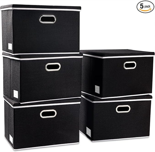 PRANDOM Large Foldable Storage Boxes with Lids [5-Pack] Organizer Containers Baskets Cube with Cover for Home Bedroom Closet Office Black17.7x11.8x11.8 For 6+ Year Old Boys and Girls by Prandom
