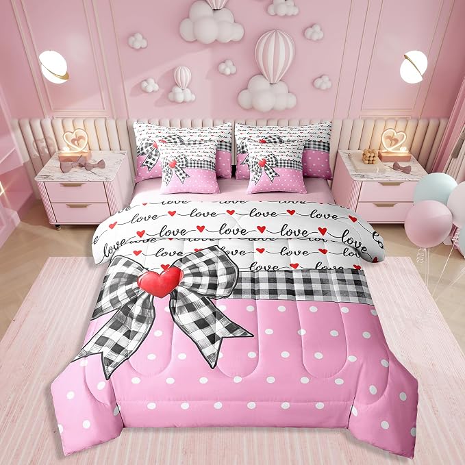 Erosebridal 7 Piece Valentine Bowknot Kids Comforter Set for Girls,Love Heart Shaped Full Bedding Set for Girlfriend,Dreamy Princess Style Bed Set,Buffalo Plaid Grid Polka Dots Duvet Insert by Erosebridal