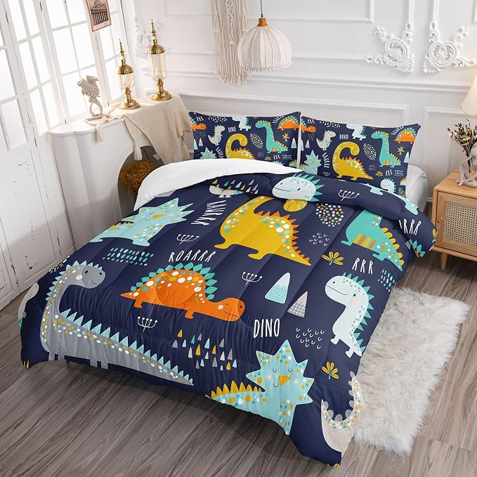 Cartoon Dinosaur Comforter Set Dark Blue Printed Bedding Set with 1 Comforter and 2 Pillowcases for Boys and Girls Bedroom All Season(Dinosaur Full) - Image 3