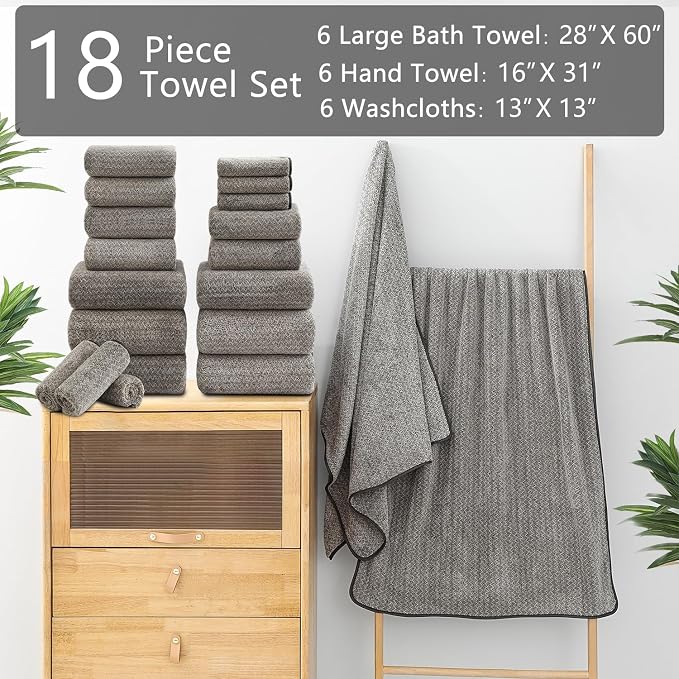 Ycosy 18 Piece Bath Towels Set,100% Microfiber Family Bathroom Towel with Hanging Loops-6 Bath Towels,6 Hand Towels,6 Washcloths,Quick Dry Highly Absorbent Shower Towel for Bathroom,Hotel,Spa-Brown - Image 2