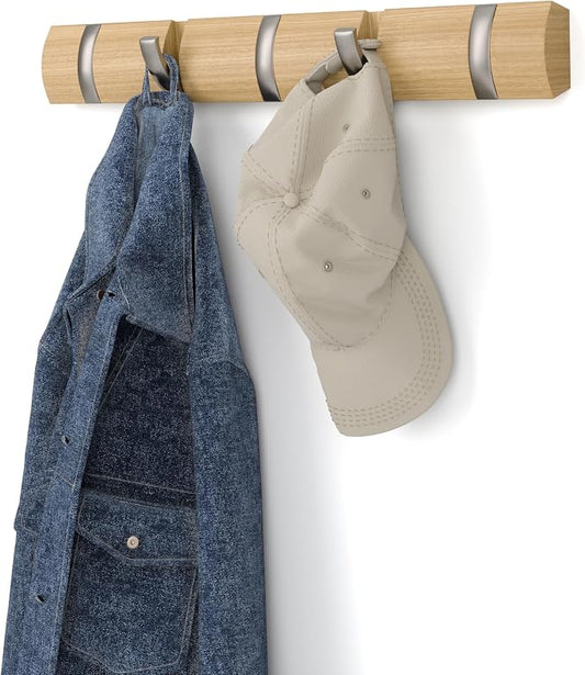 Umbra Flip 5 Wall Mounted Hook | Real wood and steel build, retractable hooks fold flat, holds coats bags and scarves, easy install by Umbra