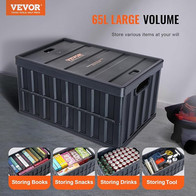 VEVOR 65L Collapsible Storage Bins with Lids 3 Packs, Stackable Utility Crates with Handles, Large Folding Containers for Organizing Tools, Books, Food, Drinks, Camping&Transport - Image 2