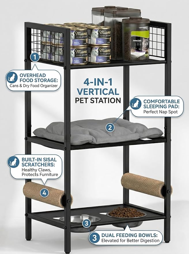 Cat Feeding Station Furniture with Scratching Post, 3-Tier Cat Food Organizer & Storage, Raised Feeding Stand with 2 Stainless Steel Bowls, Space-Saving Cat Shelf for Small Spaces, Black - Image 9
