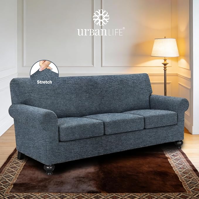 URBANLIFE 4-Piece Stretch Sofa Covers for 3 Cushion Couch, Dusk Blue Gray | Super fitted spandex slipcovers for couches. Non-slip elastic bottom. Machine washable furniture protector for kids & pets. - Image 2