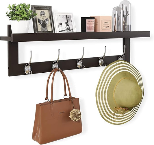 SMIBUY Coat Hooks with Shelf Wall-Mounted, 29.2 Inch Entryway Coat Rack for Wall, Bamboo Hanging Shelf with 5 Double Metal Hooks for Bathroom, Bedroom, Kitchen, Living Room, Mudroom (Dark Brown) by SMIBUY