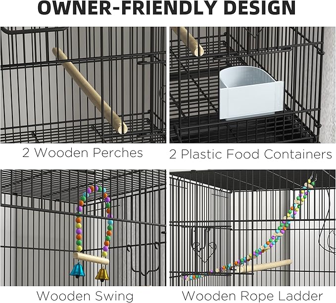 PawHut Double Stackable Bird Cage with Stand for Canaries, Lovebirds | Wooden Swing, Rope Ladder & Wheels, Budgie Cage, Storage Shelf, Removable Tray, Wooden Perches & Food Containers, Finches - Image 5