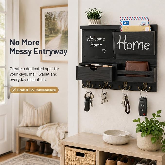 Dvobez Black Farmhouse Key Holder for Wall with Mail Organizer, 6-in-1 Entryway Organizer with Chalkboard, Drawer, Phone Wallet Holder, Top Shelf and 4 Double Hooks - Image 3