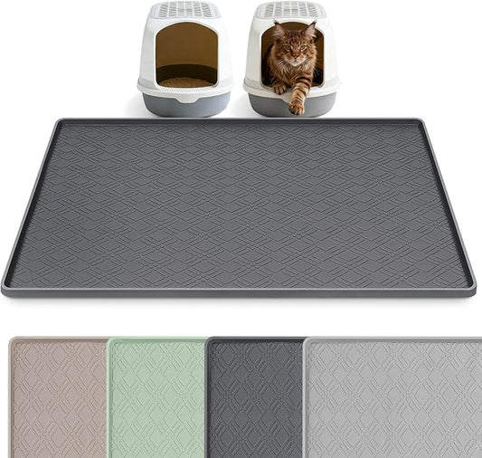 Silicone Cat Litter Mat 42" x 29" Cat Mat for Litter Box, Dark Grey | Extra Large Cat Litter Trapping Mat for Floor, Waterproof, Non-Slip Kitty Litter Box Mat with Raised Edge, Easy to Clean by Bartuke