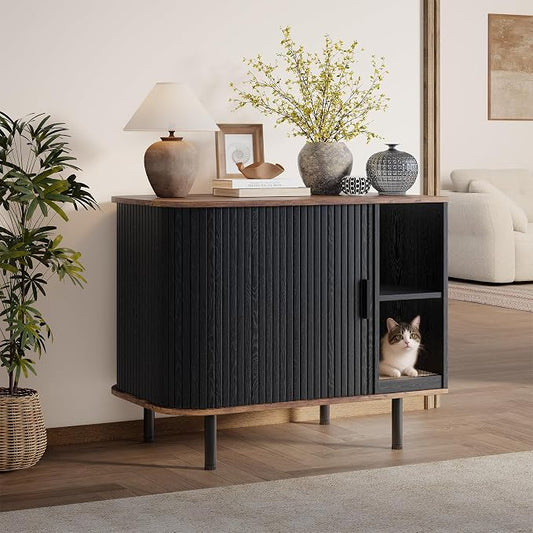 Cat Litter Box Enclosure, Kitty Hidden Litter Box Furniture with Scratch Pad, Modern Indoor Cat House, Sliding Door, Adjustable Shelf for Dog Proof, Black by OPERTION