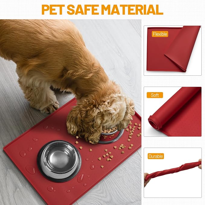 Hubulk Dog Feeding Mat,100% Waterproof Food Grade Silicone Pet Food and Water Bowl Placemat,Dishwasher, High Raised Edge to Prevent Spills,Nonslip Tray to Stop Messes on Floor (32"x24"x1.0", Red) - Image 5