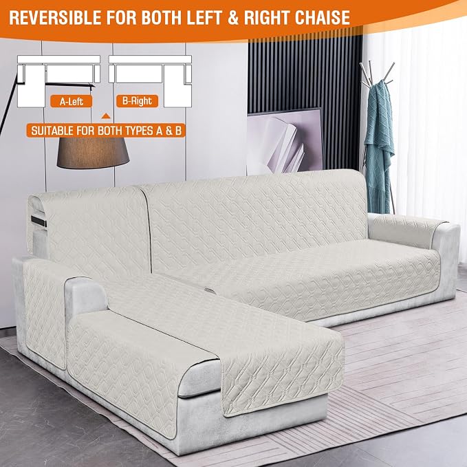 VANSOFY Sectional Couch Covers 100% Waterproof L Shaped Sofa Slipcover 3pcs Reversible Chaise Lounge Cover for Sectional Sofa Furniture Protector Cover for Pets Dog Cat(Large, Beige) - Image 2