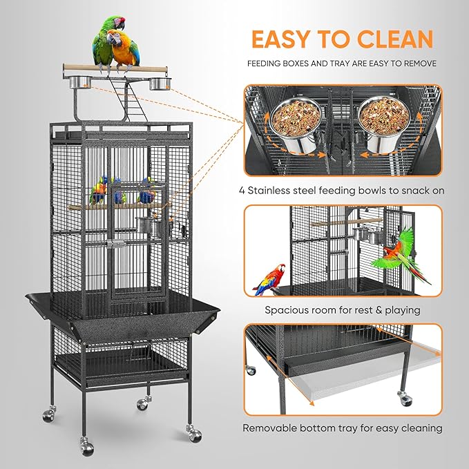 SUPER DEAL PRO 61-inch 2in1 Large Bird Cage with Rolling Stand Playtop Parrot Chinchilla Finch Cage Macaw Conure Cockatiel Cockatoo Pet House Wrought Iron Birdcage, Black - Image 5