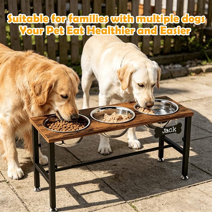 ADENGL Triple Elevated Dog Bowls Stand for Multiple Dogs, 3 Height Adjustable Raised Dog Bowl Stand with 3 Stainless Steel 1700ml(58oz) Bowls & Wood Tray & Mat - Image 7