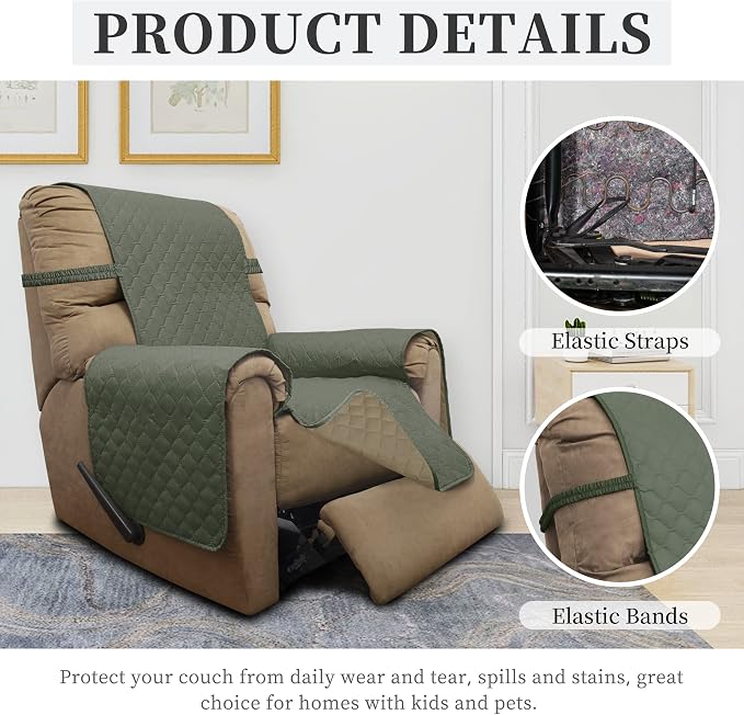 ISSUNTEX Double Protection 100% Waterproof Recliner Covers for Living Room, Reversible Furniture Protector Recliner Couch Sofa Slipcover for Dogs, Pets, Kids (Recliner, Greyish Green/Beige) - Image 5