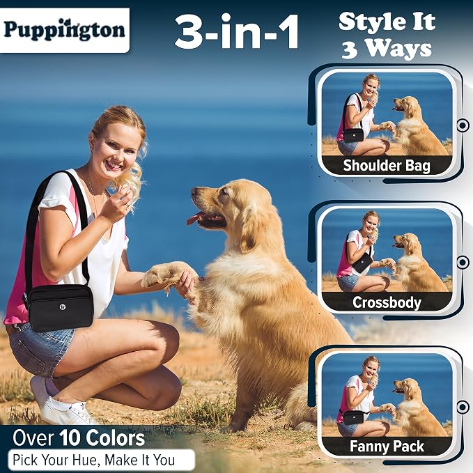Puppington 3-in-1 Crossbody Dog Treat Pouch for Pet Training - Compostable Poop Bags, Built-In Poop Bag Dispenser, Slow-Feeding Travel Dog Bowl & Reflective Leash - Dog Walking Bag (Onyx Black) - Image 2