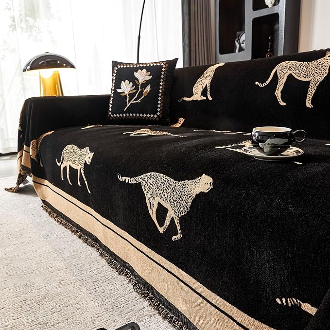 Chenille Sofa Cover with Tassels, Non-Slip Couch Cover for Seat Sofas, Washable Furniture Protector for Pets & Kids, Modern Leopard Pattern Chenille Blanket (Black, 90"x118") by Evaloome