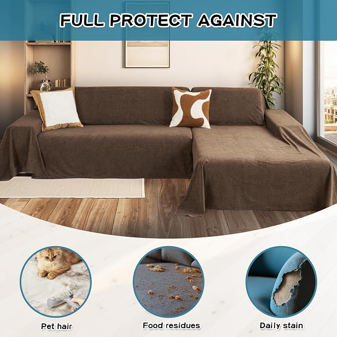 MYSKY HOME Sectional Couch Cover for Dogs, 2 Pieces Couch Covers for L Shape Sofa, Sofa Cover Washable, Furniture Protector Chaise Lounge Cover for 2-3 Cushion Couch (71"x118"+71"x118", Brown) - Image 4