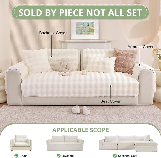 OstepDecor Faux Fur Couch Covers for Sofa, Soft Plush Sofa Covers Washable | Non Slip Dog Couch Protector, Pet Hair, Dirt & Wear Protection, Fits Sofas, Loveseats & Sectionals, 20" x 24", White - Image 2