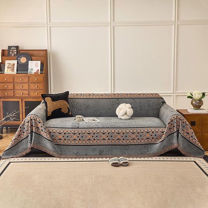STACYPIK Vintage Floral Couch Cover for Pets, Countryside Aesthetic Gray Sofa Cover for 2 Cushion Couch, Chenille Pet Loveseat Protector for Sectional, Reversible Sectional Slipcover Blanket-71X118IN by STACYPIK